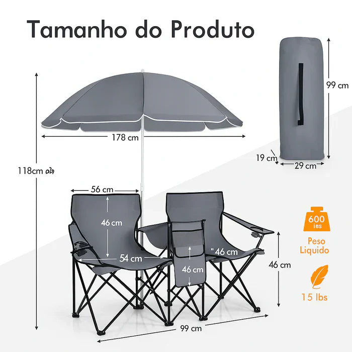 Cadeiras Dobráveis com Guarda‑Sol e Cooler Integrado - Conjunto Duo Luxo Outdoor BLACK FRIDAY