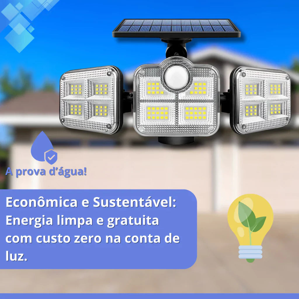 Refletor LED Solar com 3 Cabeças - Iluminação Automática com Sensor de Movimento