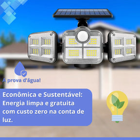 Refletor LED Solar com 3 Cabeças - Iluminação Automática com Sensor de Movimento